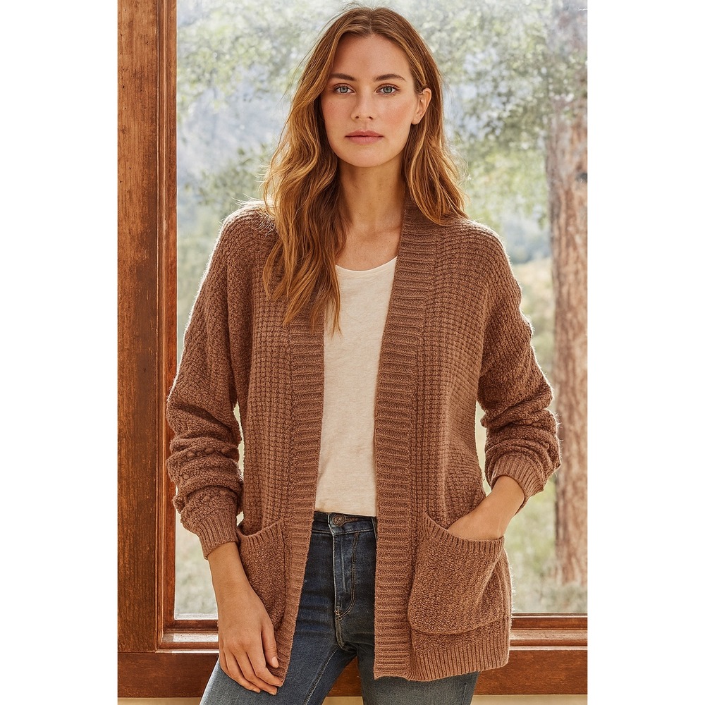 Maurices Women Brown Textured Knit Bobble Sleeve Open Front Cardigan Sweater 2X